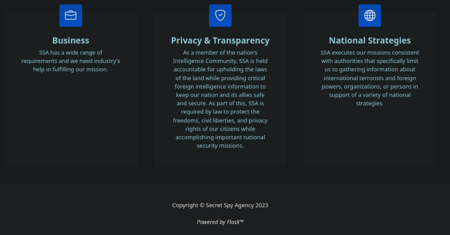 ssa.htb homepage showing Flask in footer