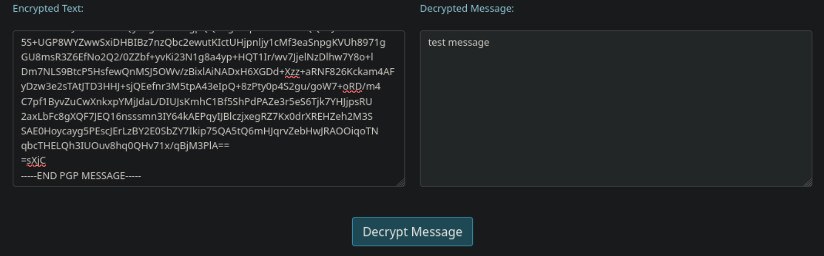Webapp decrypting the test message successfully
