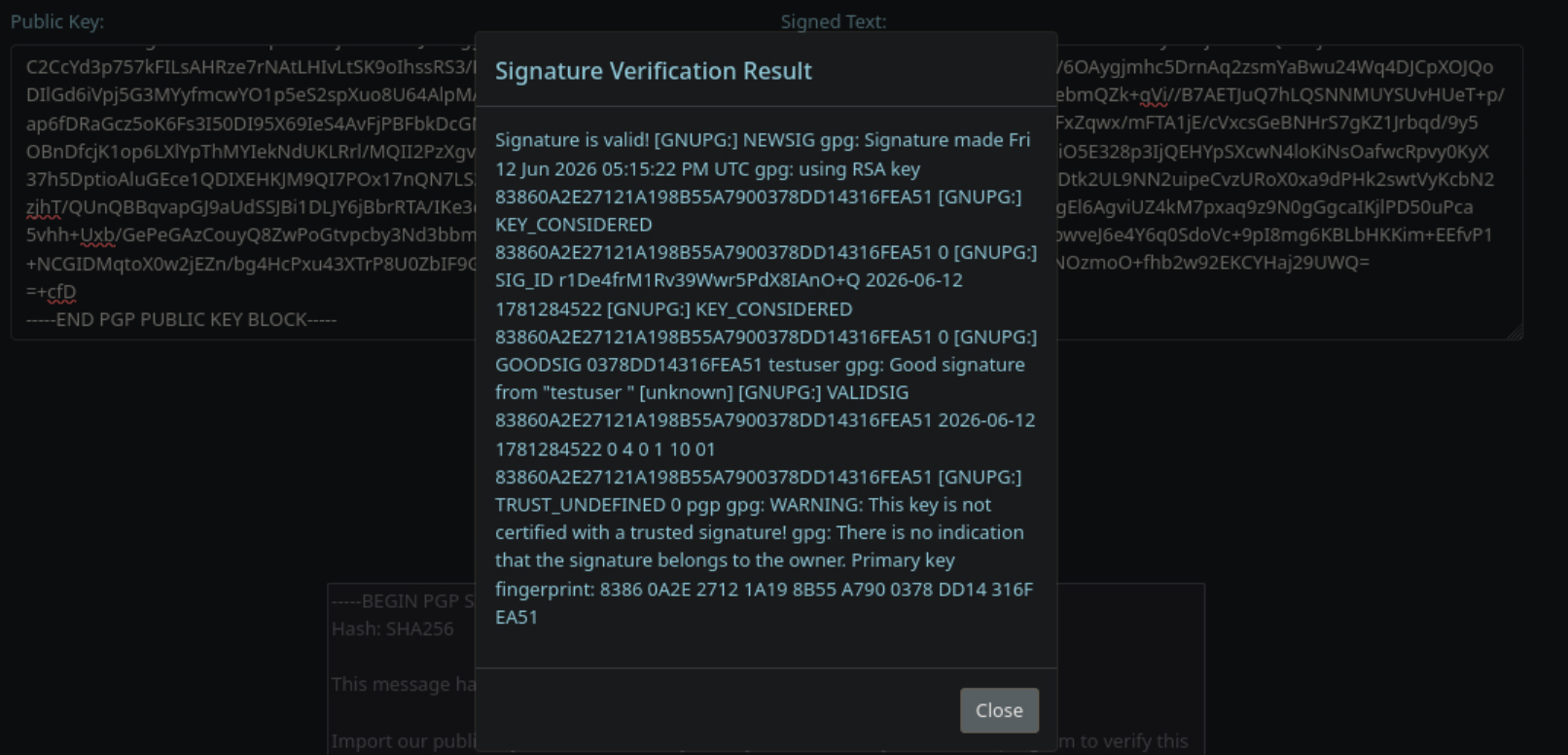 Verification popup showing name and email from submitted key